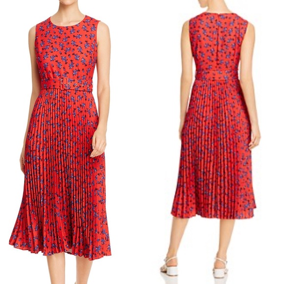 Tahari NWT Sleeveless Red Floral Print Pleated Midi Dress - Picture 3 of 16